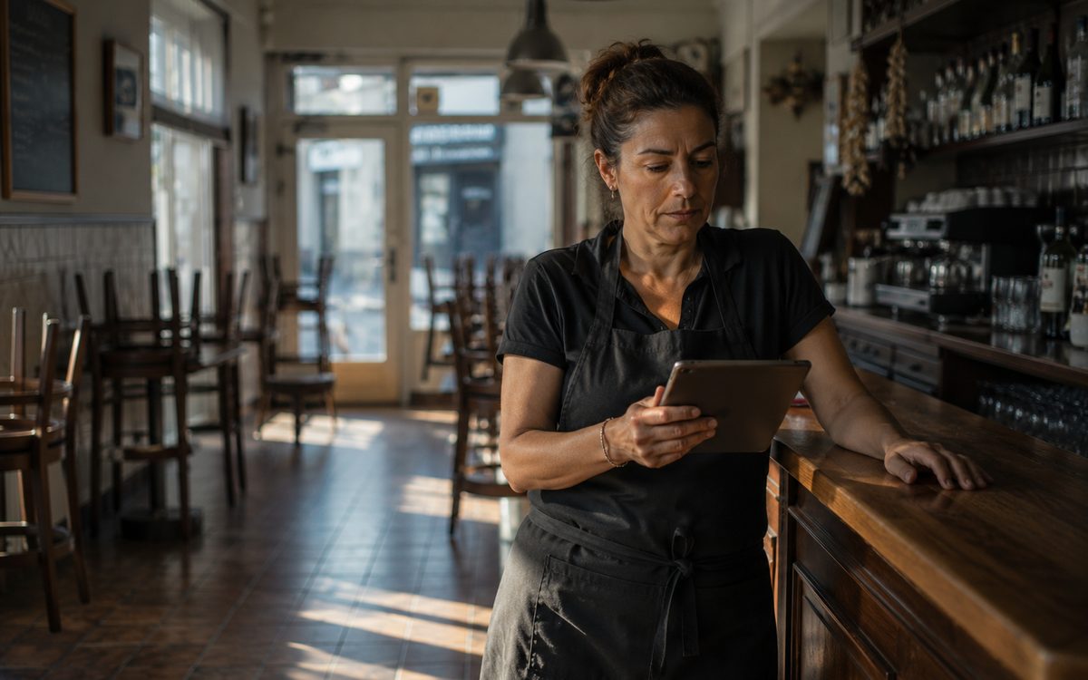 Dueña de un bar revisando opciones en una tablet antes de abrir