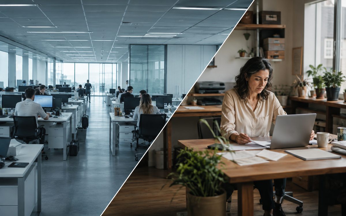 Composición partida: una gran oficina corporativa frente al despacho de un negocio pequeño