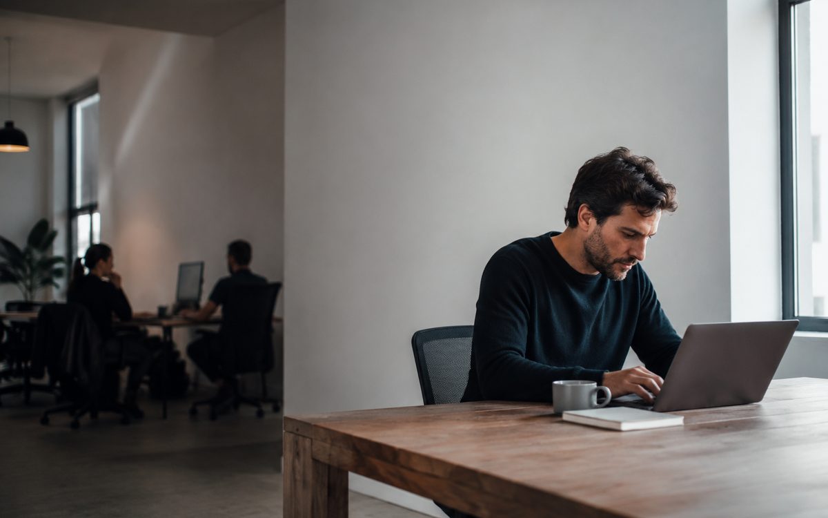 Hombre trabajando concentrado en una sola tarea en la oficina de una pyme
