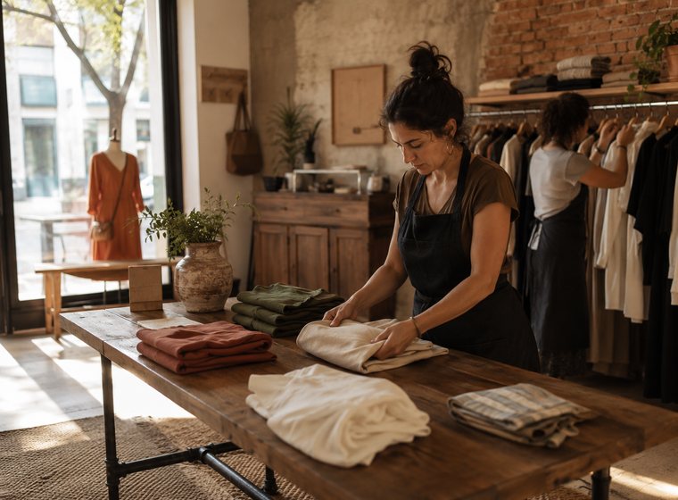 Dos trabajadoras ordenando el género en una tienda de ropa antes de abrir