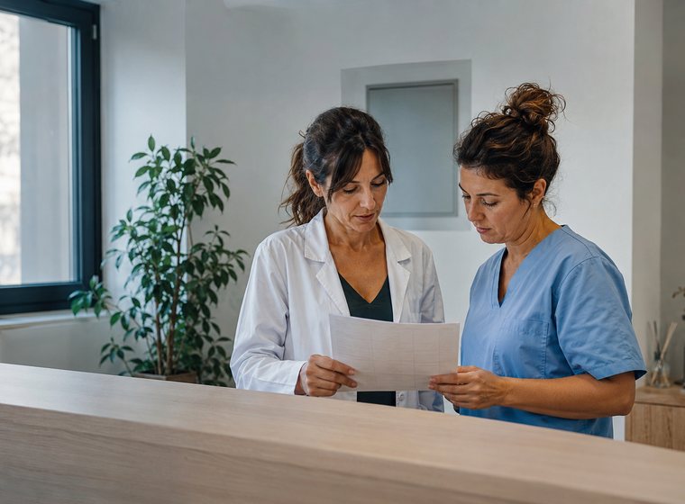 Dos profesionales sanitarias revisando el cuadrante en la recepción de una clínica