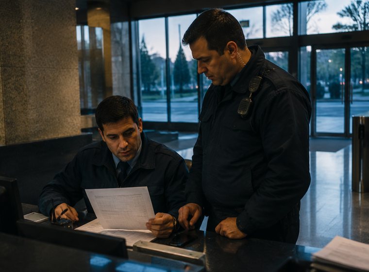 Dos vigilantes de seguridad repasando el relevo en el control de un edificio